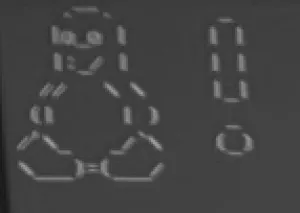 ASCII art of Tux, a Linux mascot, next to an exclamation point the same size as him.