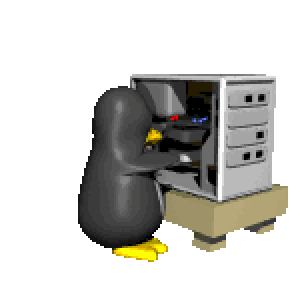 Tux, a Linux mascot, throwing parts out of a PC tower.